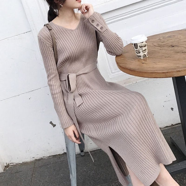 Korean Fashion Sweater Dress Women Knitted Sweaters Dresses Elegant Women High Waist Sweater Dress Plus Size Vestidos De Fiesta