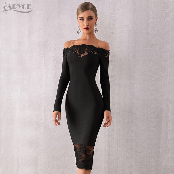 Adyce 2019 New Women Bandage Dress Vestidos Black Slash Neck Celebrity Party Dress Elegant Off Shoulder Lace Bodycon Club Dress