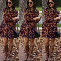 2019 New Midi Floral Long Sleeve Dress Female Autumn and Winter O-Neck Retro Print Knee Length Polyester Casual Dress  Plus Size