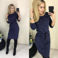 Women Winter Spring Colors Cotton Dress Beading Knee-Length Stretch Elegant Long Sleeve O-neck Pockets Office Dresses 2019