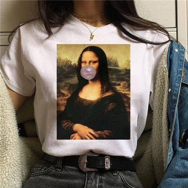 LUSLOS mona lisa chewing gum t shirt women female new fashion top summer tshirt aesthetic funny Grunge femme hip hop t-shirt