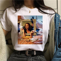 LUSLOS mona lisa chewing gum t shirt women female new fashion top summer tshirt aesthetic funny Grunge femme hip hop t-shirt