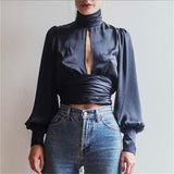 New arrival Women's Turtleneck Long Lantern Sleeve T-Shirt Hollow Out Backless Crop Tops Ladies Casual Solid Tee Shirt Summer