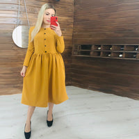 Women Vintage Front Button A-line Party Dress Long Sleeve O neck Solid Casual Elegant Mid Dress 2019 Autumn Fashion Women Dress