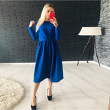 Women Vintage Front Button A-line Party Dress Long Sleeve O neck Solid Casual Elegant Mid Dress 2019 Autumn Fashion Women Dress