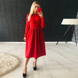 Women Vintage Front Button A-line Party Dress Long Sleeve O neck Solid Casual Elegant Mid Dress 2019 Autumn Fashion Women Dress