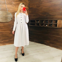 Women Vintage Front Button A-line Party Dress Long Sleeve O neck Solid Casual Elegant Mid Dress 2019 Autumn Fashion Women Dress