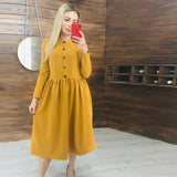 Women Vintage Front Button A-line Party Dress Long Sleeve O neck Solid Casual Elegant Mid Dress 2019 Autumn Fashion Women Dress