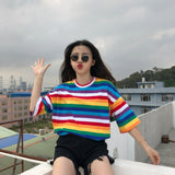 New T Shirt Women Rainbow Striped Tops Harajuku Tshirt 2018 Summer Short Sleeve Korean Punk T-shirt camiseta feminina T8