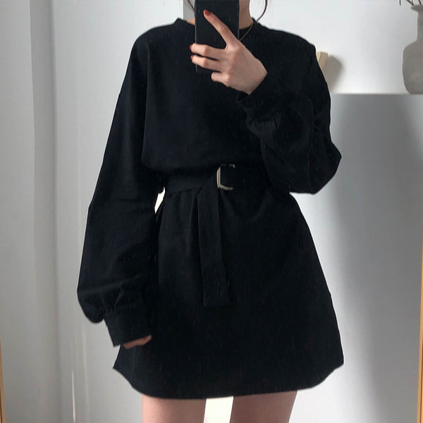 7 colors long sleeve dress women spring autumn korean style dress ladies solid color loose t shirt dress women with belt (X218)