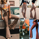 Vintage Plaid Women Girls High Waist Bell Bottom Long Flare Pants Stretch Boho Hippie Bell-Bottom Pants