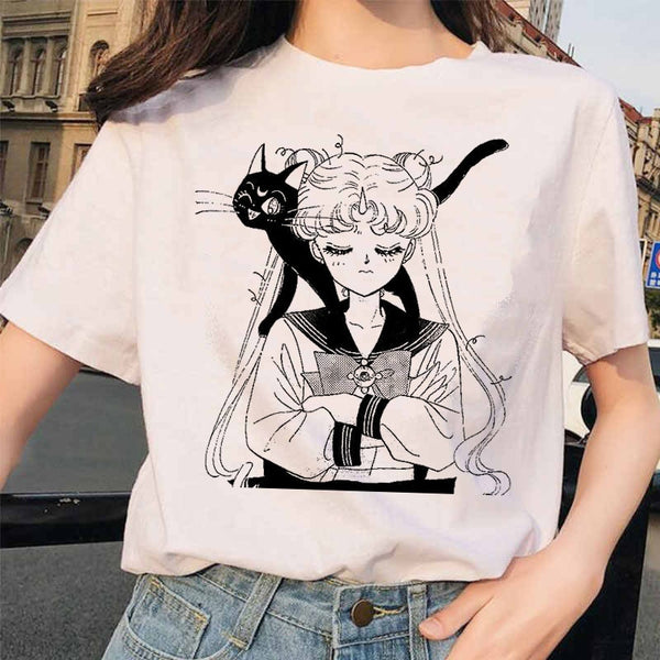 Sailor Moon 90s funny T Shirt Harajuku clothes Tshirt Aesthetic cat Anime Women Cute Female T-shirt Kawaii Tees Fashion Ullzang