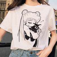 Sailor Moon 90s funny T Shirt Harajuku clothes Tshirt Aesthetic cat Anime Women Cute Female T-shirt Kawaii Tees Fashion Ullzang